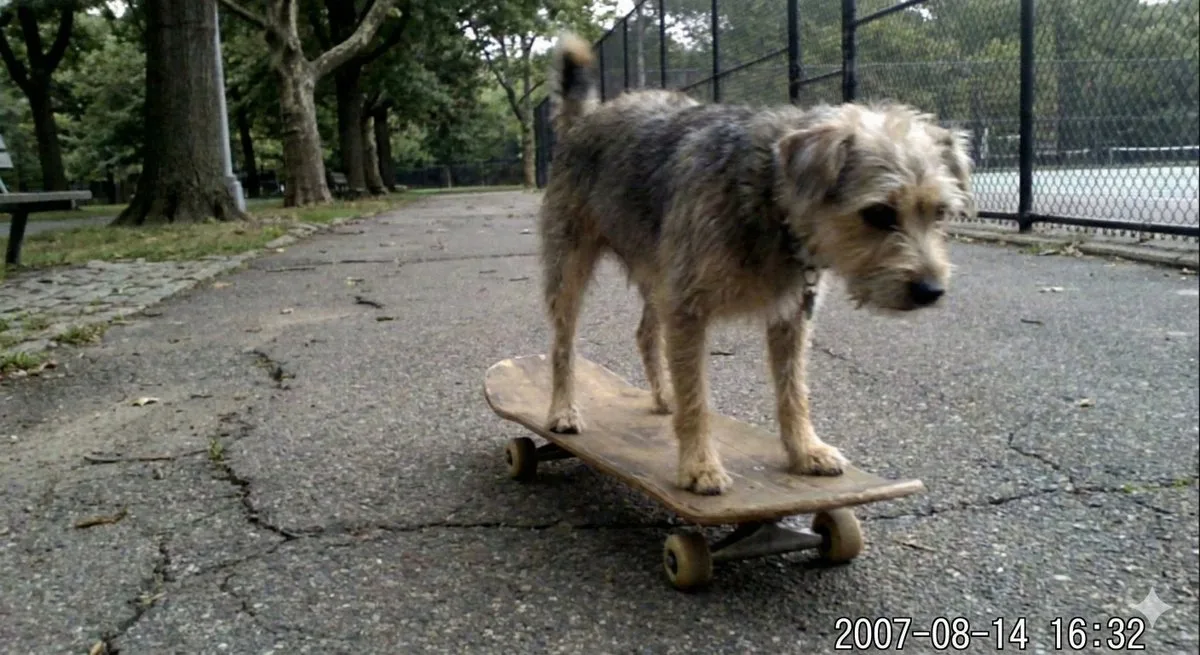 A dog balancing on a skateboard, shot in vintage low-resolution style. (2)