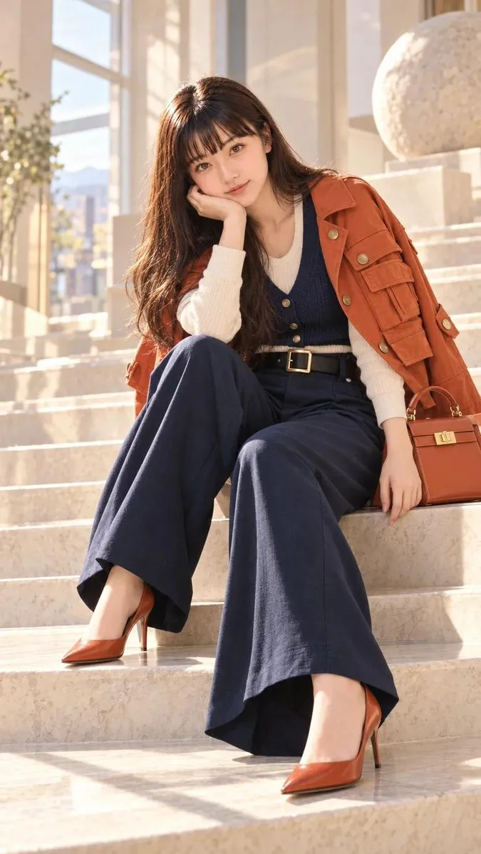 Elegant woman in layered fashion sitting on marble stairs in a sunlit modern building.
