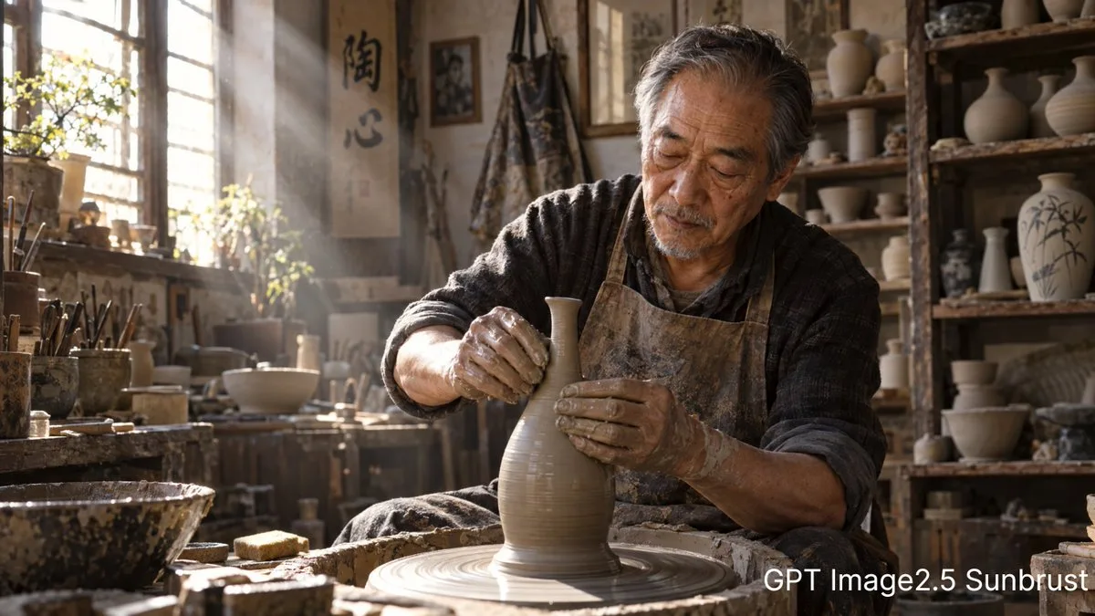 Elderly Asian potter shaping a clay vase in a sunlit, rustic ceramic studio.