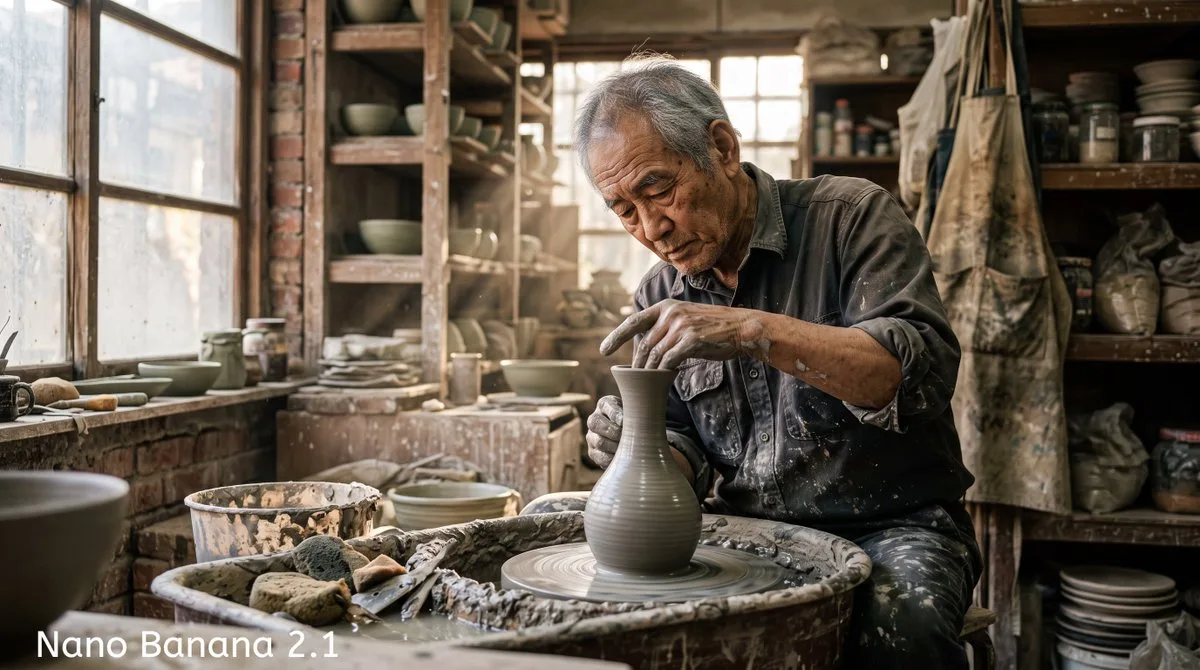 Elderly Asian potter shaping a clay vase in a sunlit, rustic ceramic studio. (2)