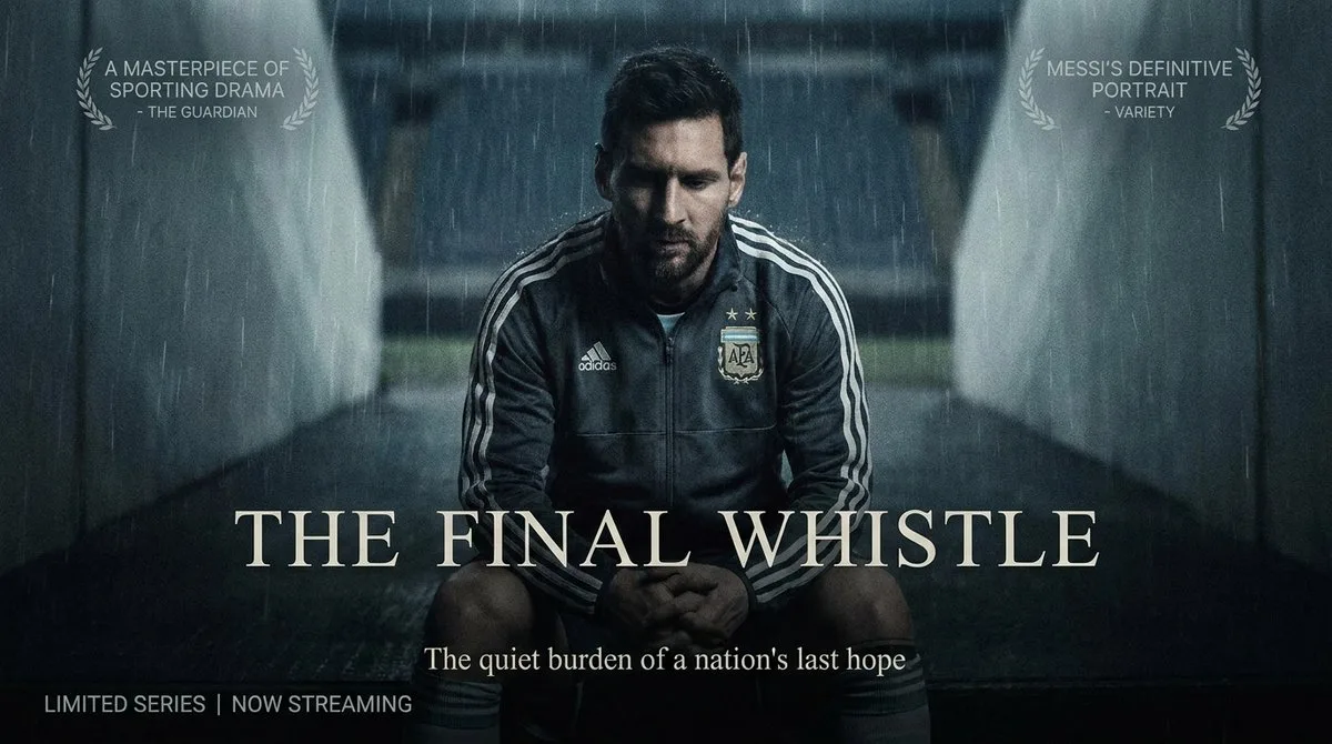 Cinematic portrait of an Argentine football player in a moody, atmospheric stadium setting.