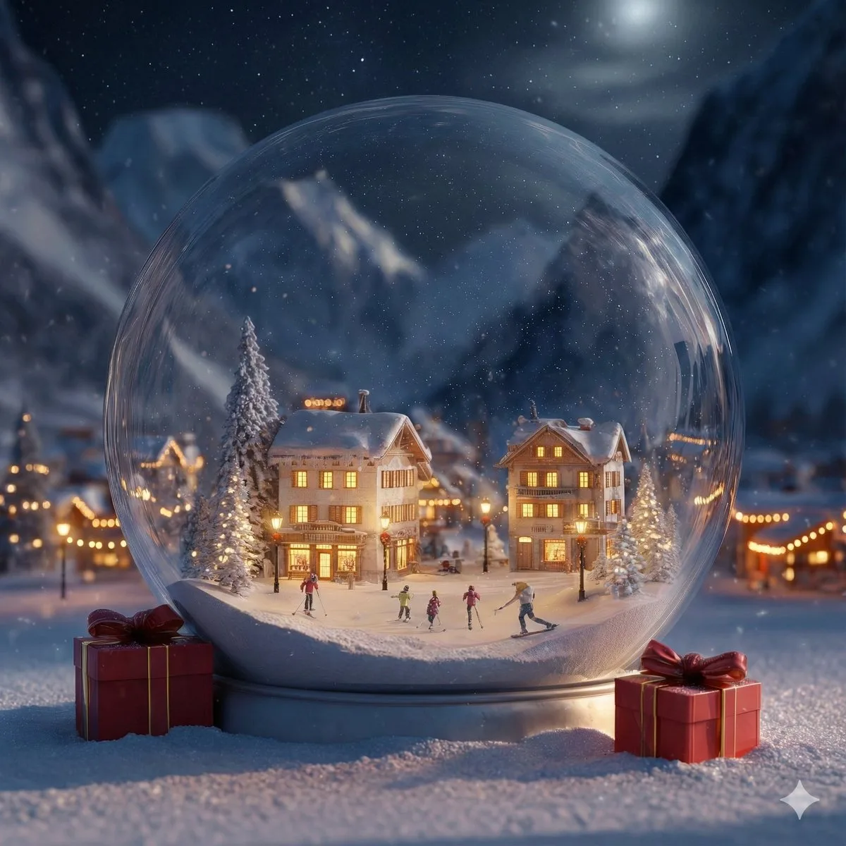 A cozy night scene lit by warm, glowing lights.