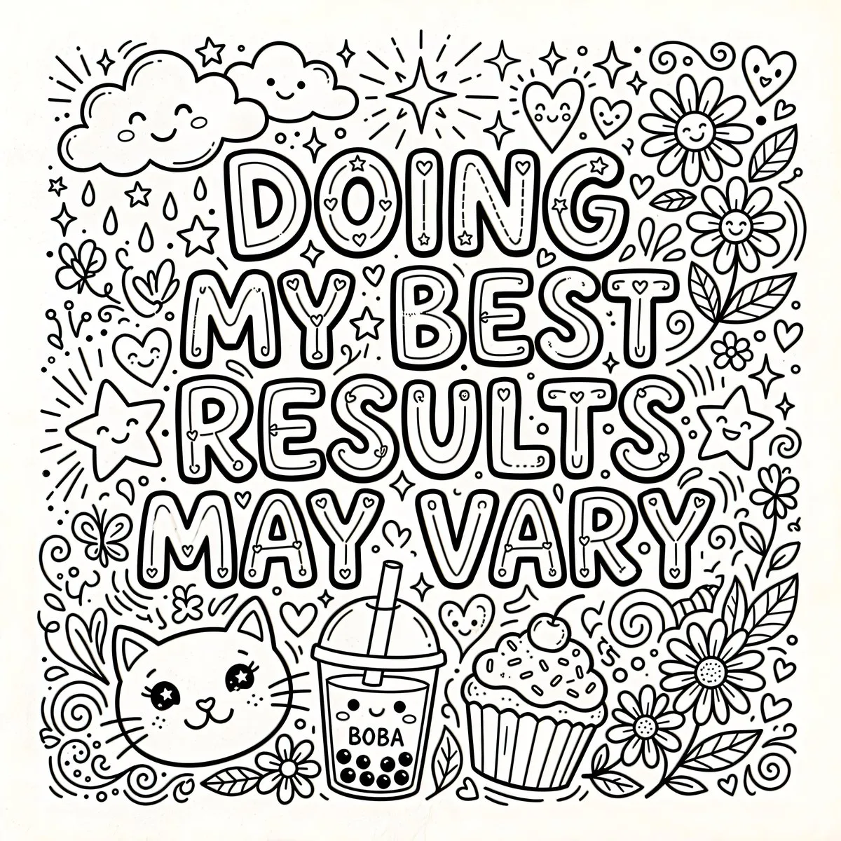 Black and white coloring page with quote and cute doodles.