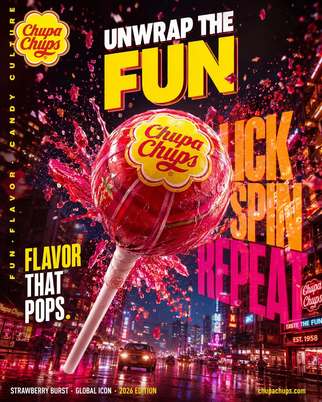 Giant glossy Chupa Chups lollipop billboard over a neon-lit street with flavor splashes.