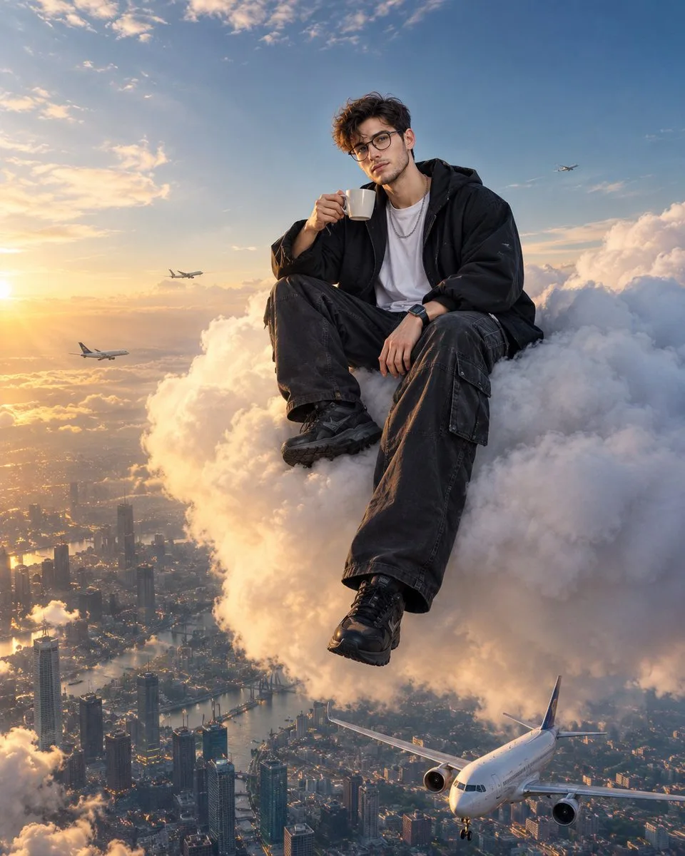 A young man sitting on a cloud above a city with airplanes flying below.