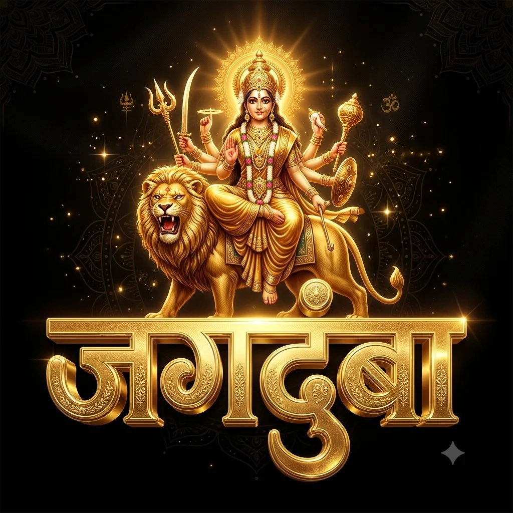 Golden 3D text Mahalakshmi with the goddess Mahalakshmi seated on top against a black background.