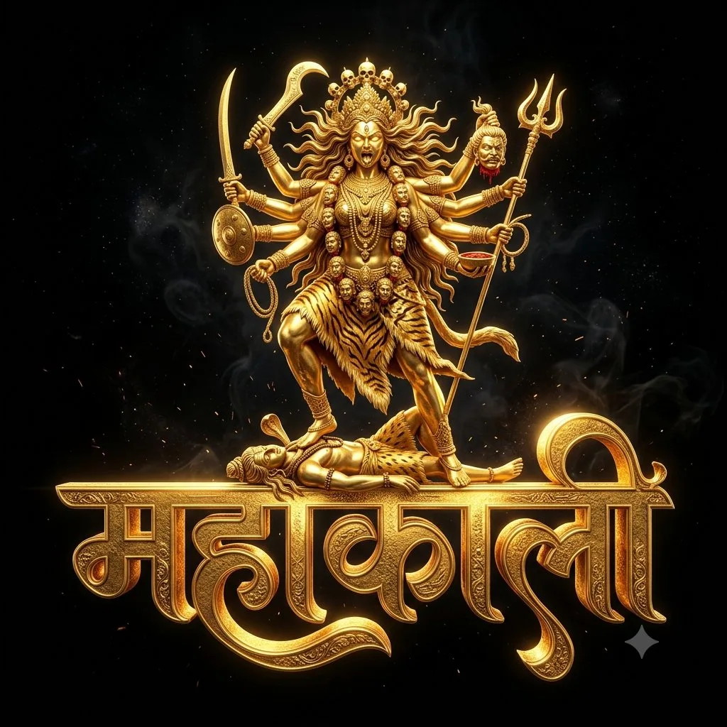 Golden 3D text Mahalakshmi with the goddess Mahalakshmi seated on top against a black background. (2)