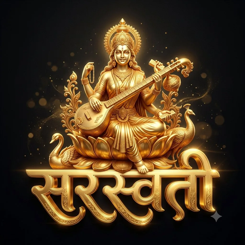Golden 3D text Mahalakshmi with the goddess Mahalakshmi seated on top against a black background. (3)