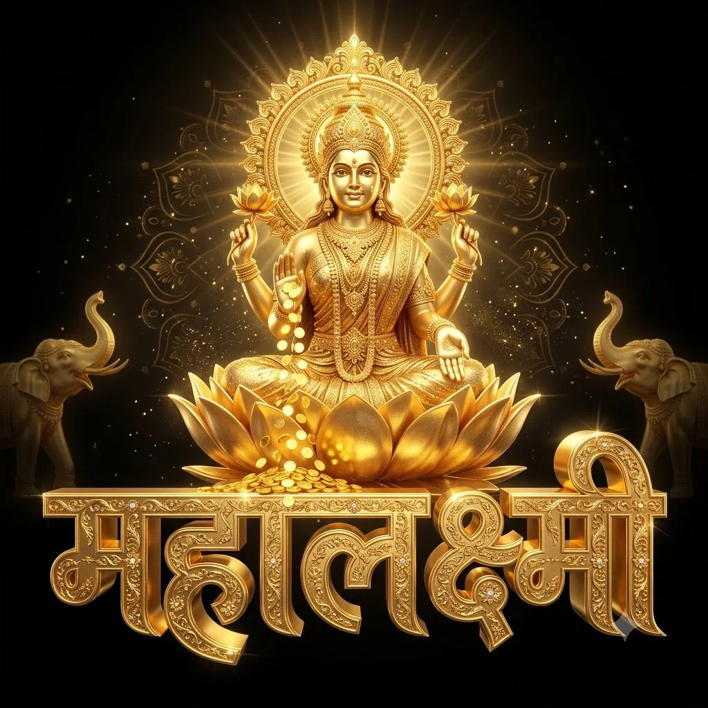 Golden 3D text Mahalakshmi with the goddess Mahalakshmi seated on top against a black background. (4)