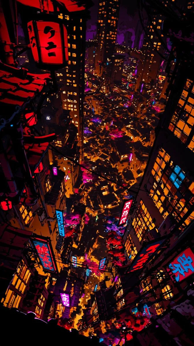 Surreal futuristic Japanese city street packed with diverse characters and traditional parade.