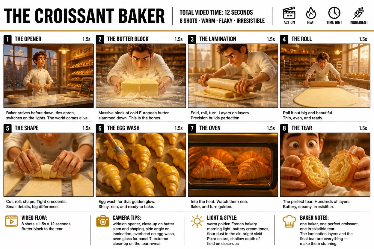 Pixar style 8-panel storyboard poster of a French baker making croissants.