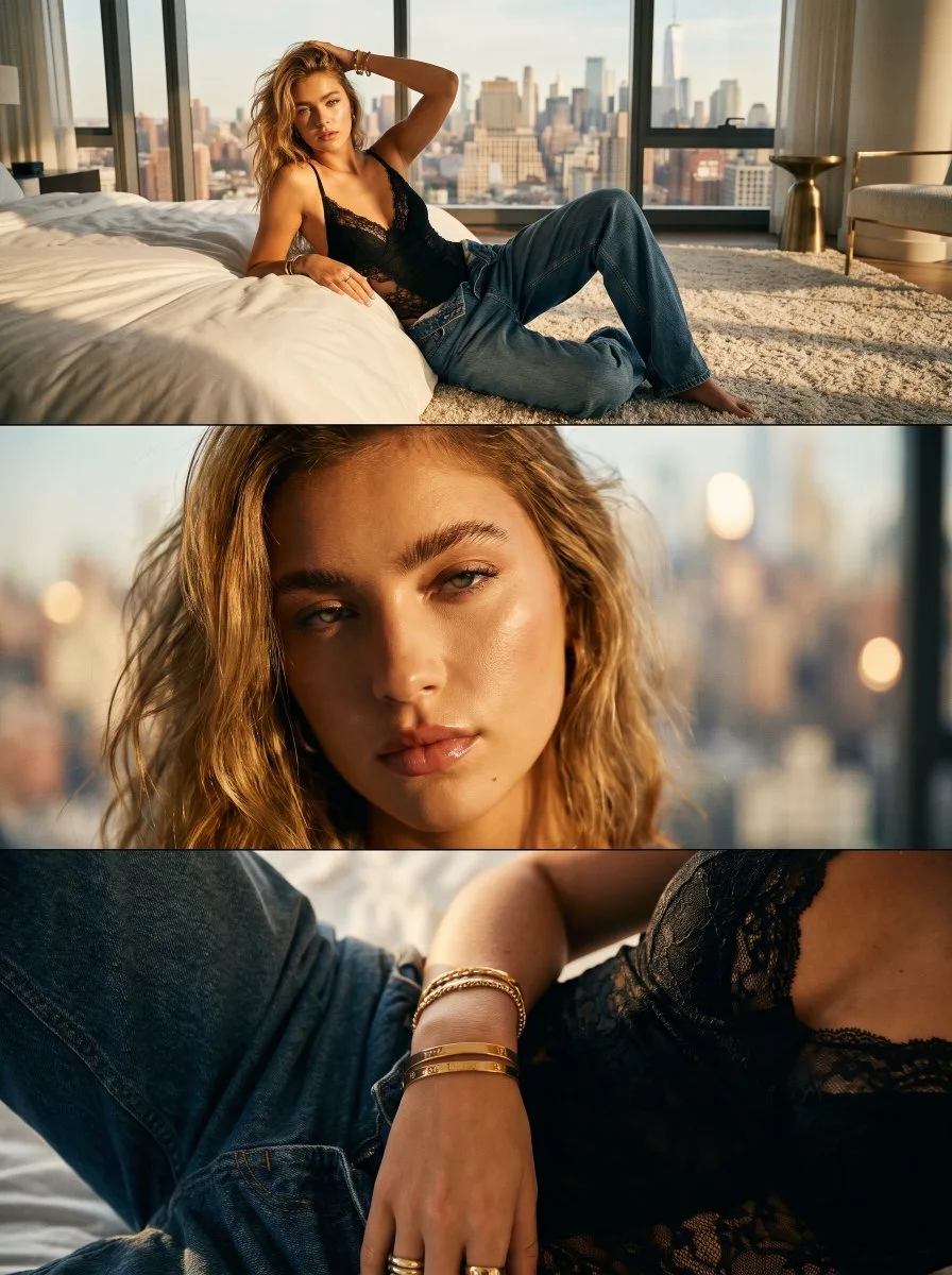 A vertical three-panel fashion editorial of a woman in a Soho penthouse during golden hour.