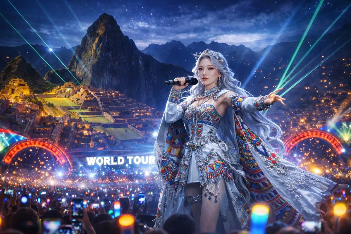A live music performance on a stage set against the historic ruins of Machu Picchu.