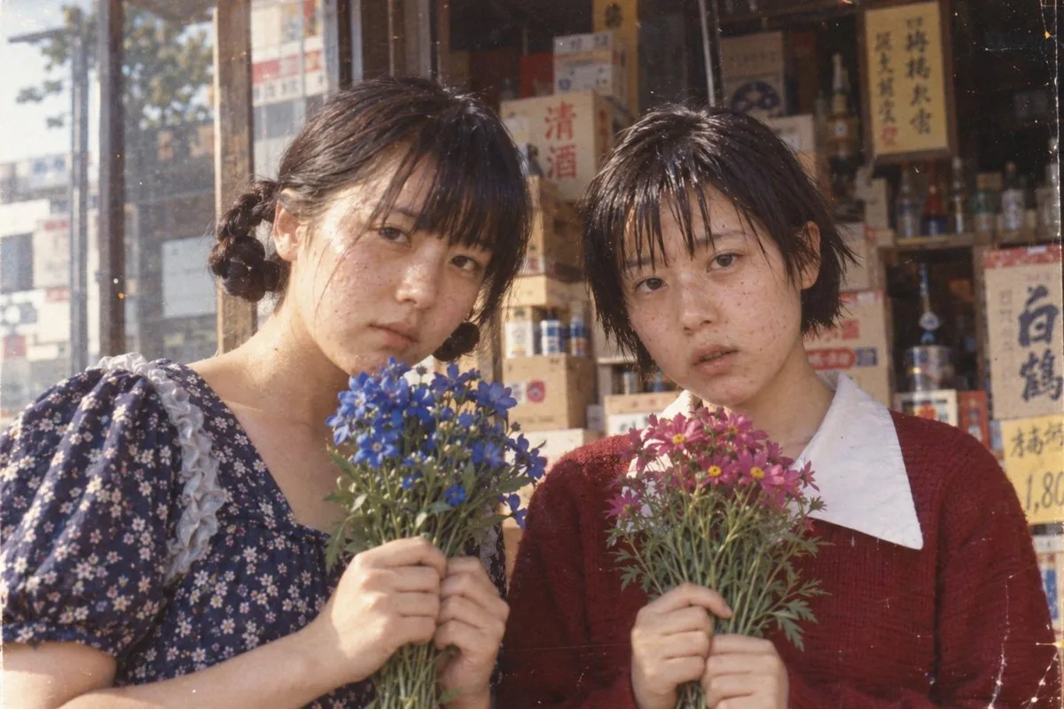 Two young women with flowers standing in front of a traditional Japanese shop, vintage film style.