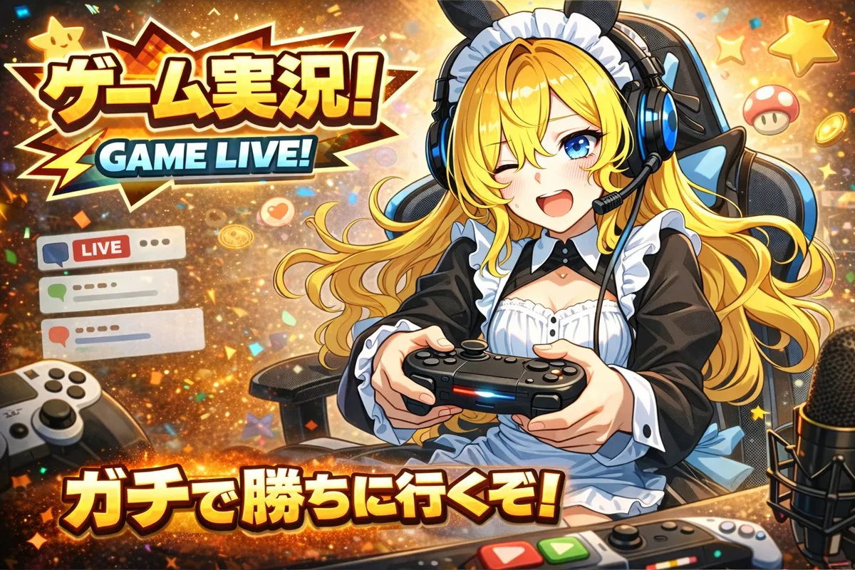 A cute anime VTuber intensely playing a video game for a live stream thumbnail.