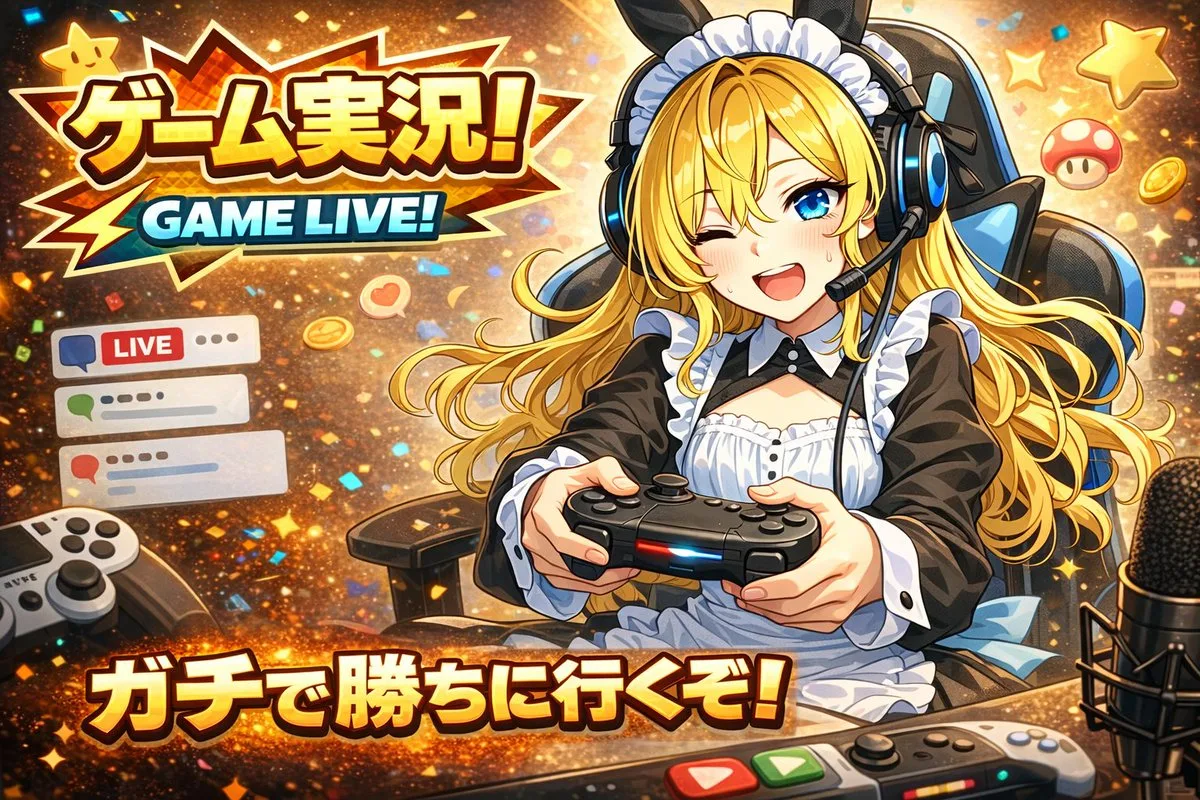 A cute anime VTuber intensely playing a video game for a live stream thumbnail. (2)