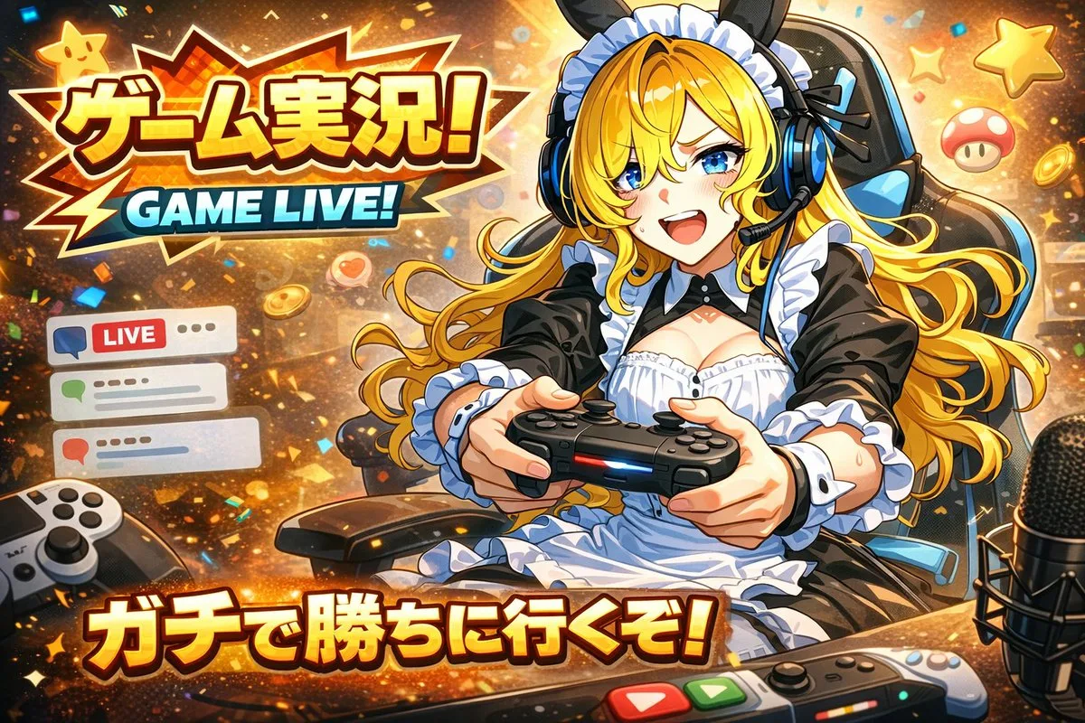 A cute anime VTuber intensely playing a video game for a live stream thumbnail. (3)