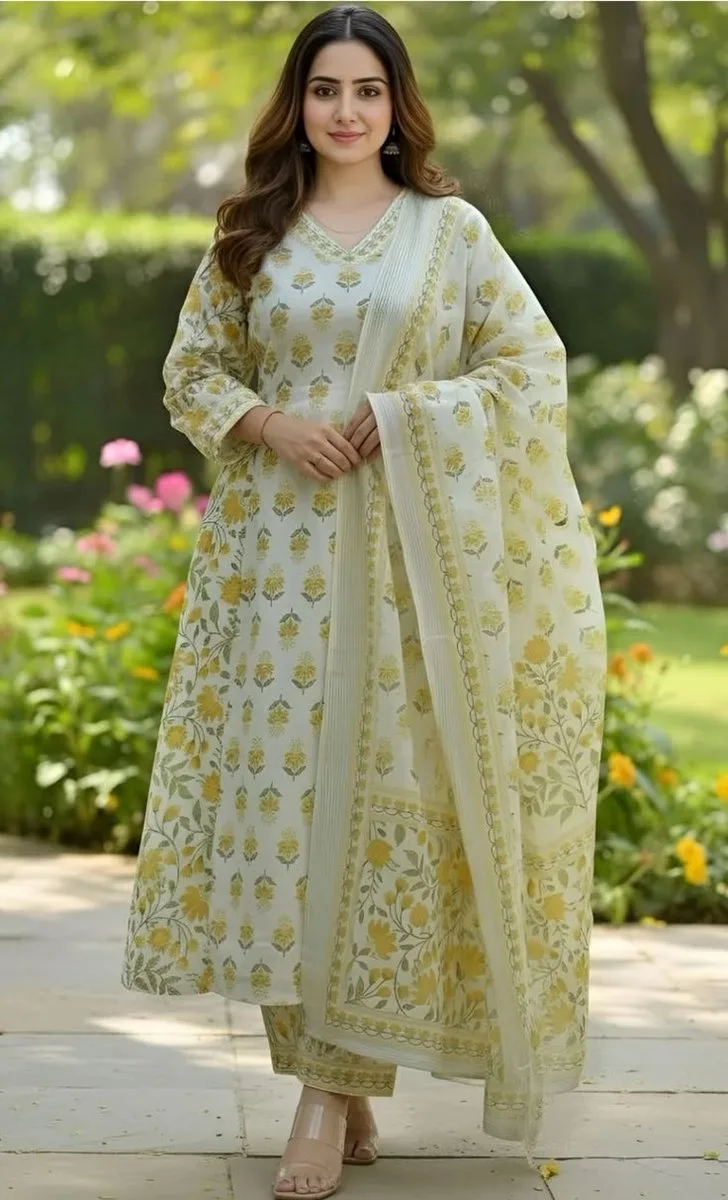 A woman in a traditional ivory and mustard floral shalwar kameez standing in a garden.