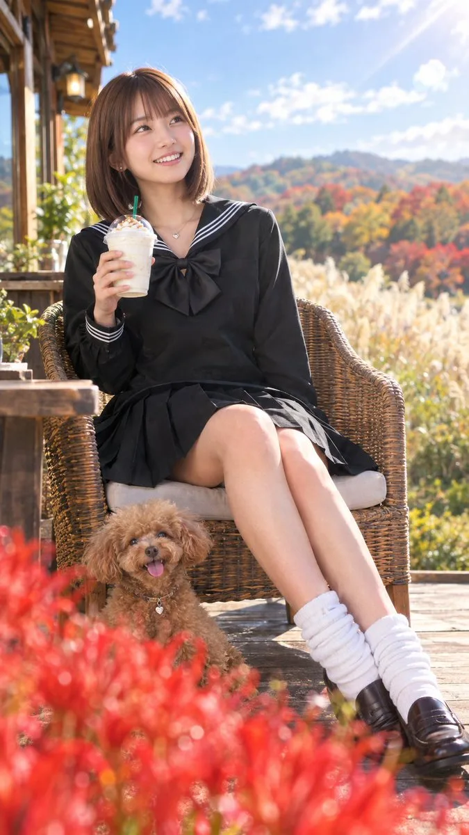 A smiling woman with a toy poodle on an autumn terrace with red spider lilies.