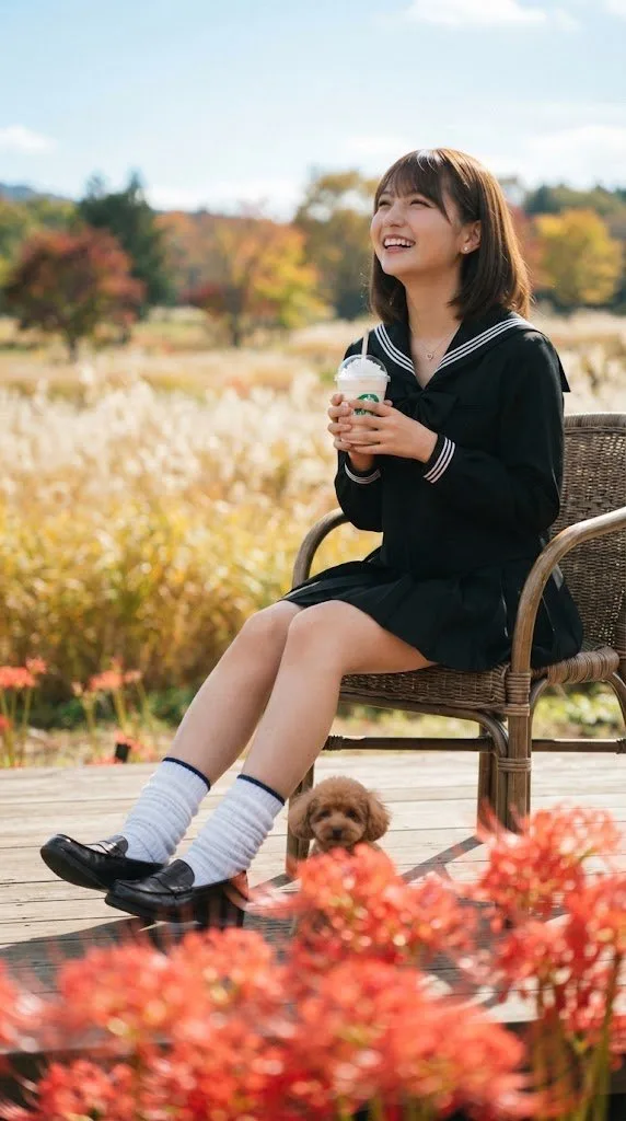 A smiling woman with a toy poodle on an autumn terrace with red spider lilies. (2)
