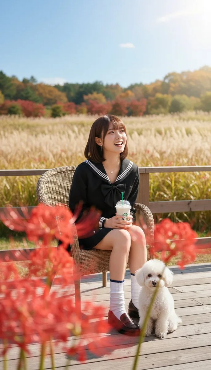 A smiling woman with a toy poodle on an autumn terrace with red spider lilies. (3)