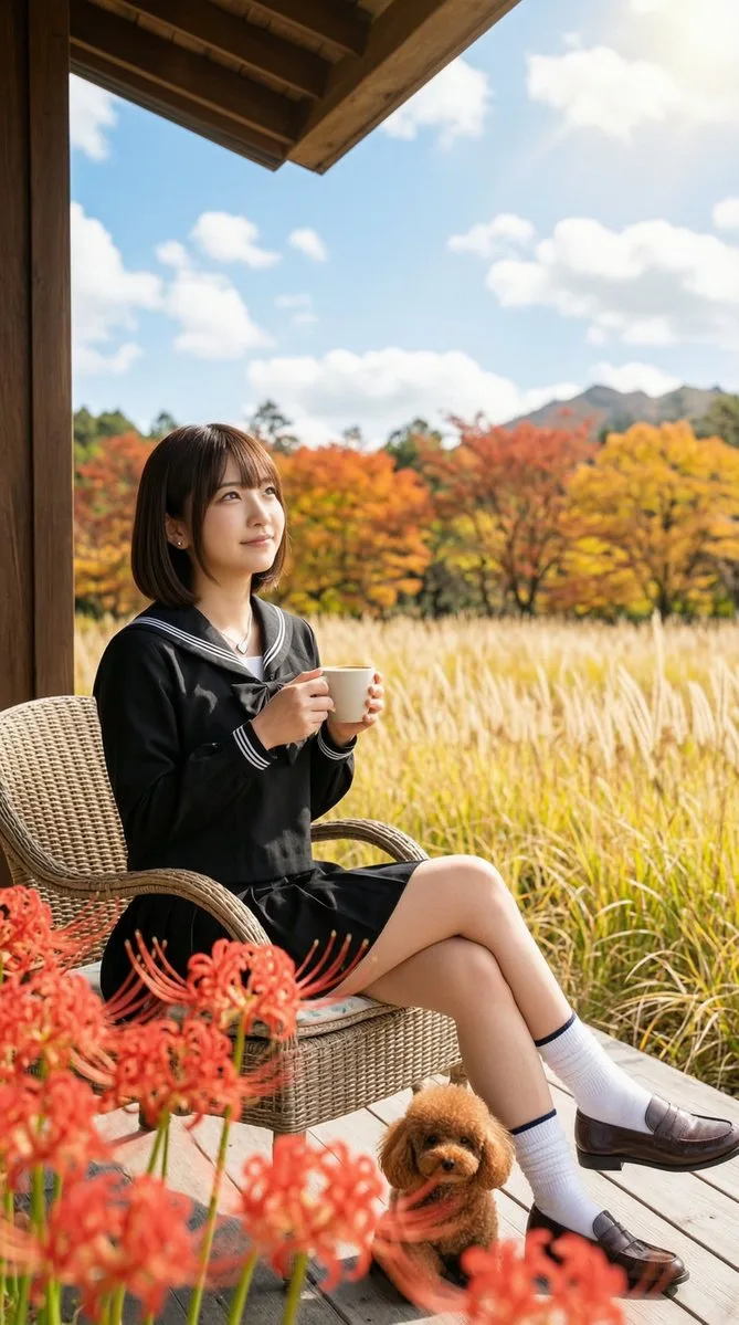 A smiling woman with a toy poodle on an autumn terrace with red spider lilies. (4)