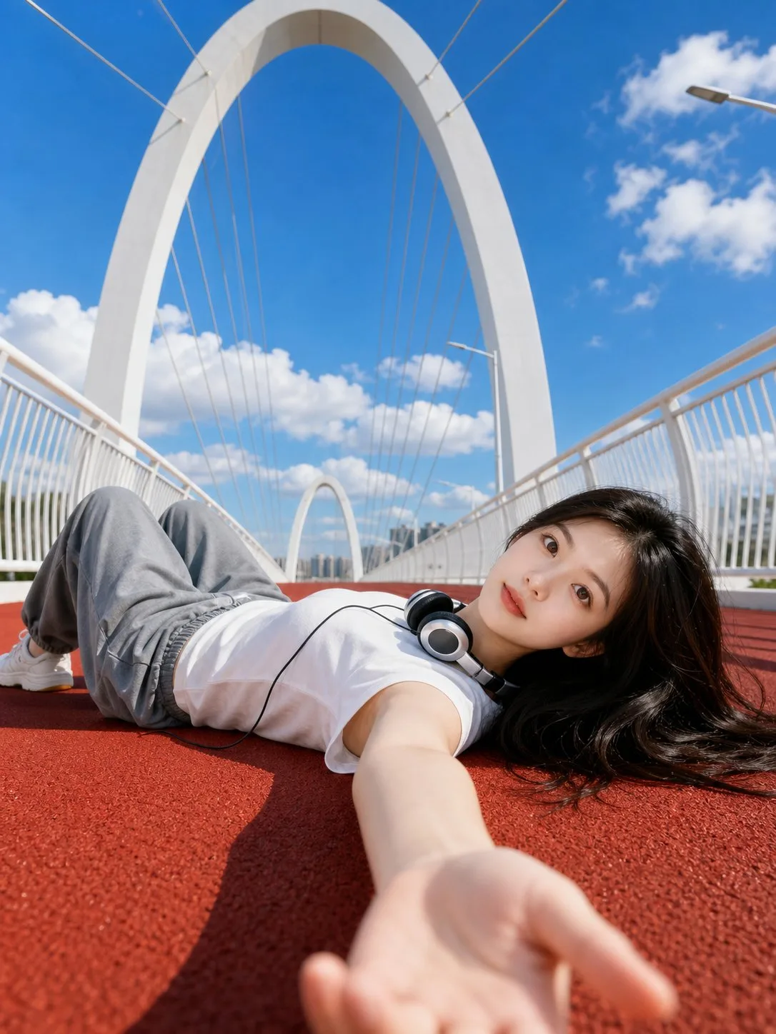 Young woman lying on a red running track on a modern bridge, low-angle selfie view.