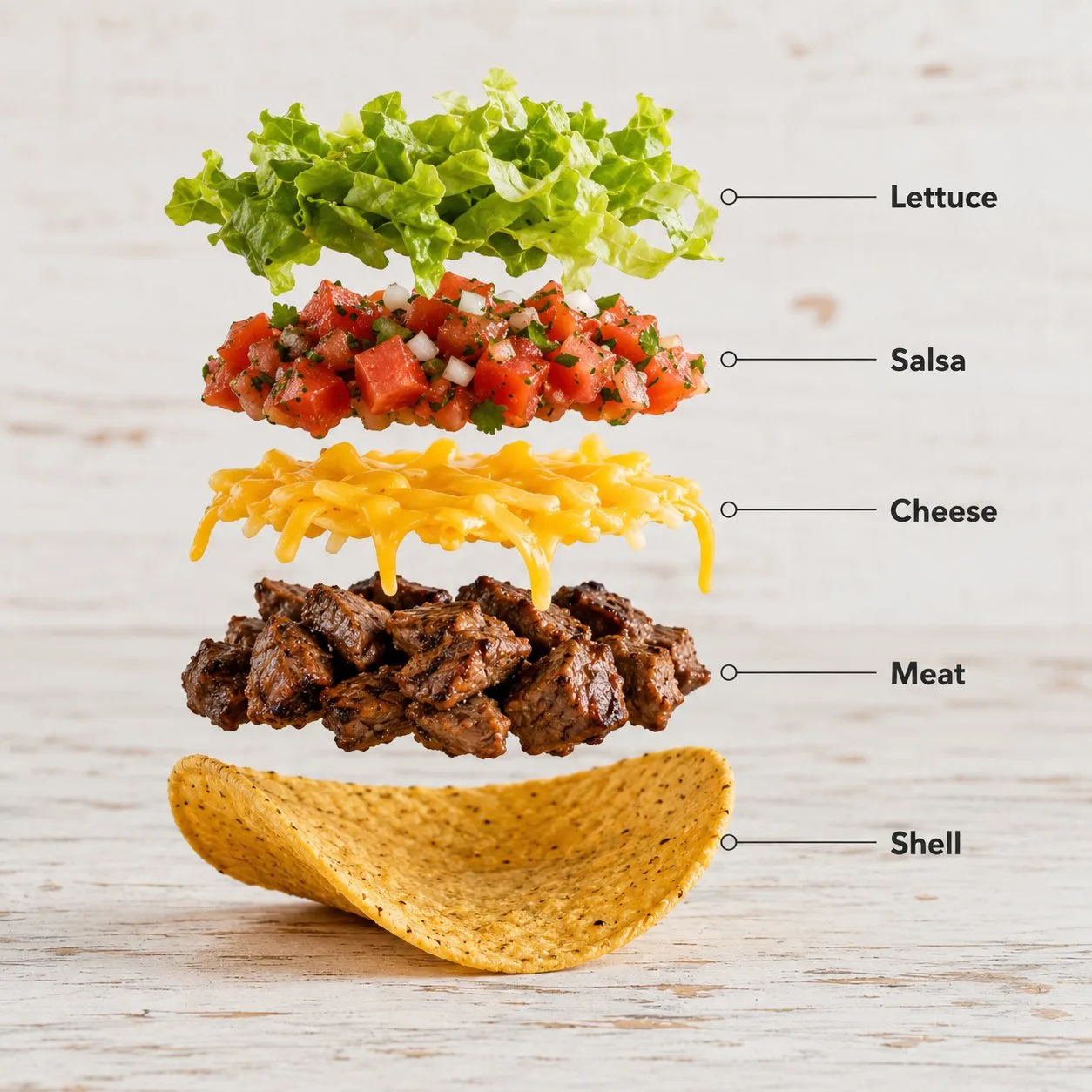 Exploded vertical infographic of a taco with labeled layers.