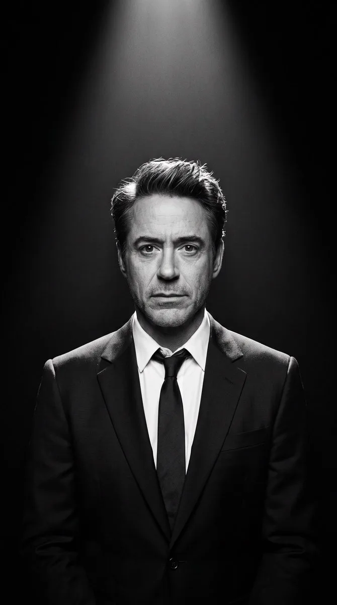 A high-contrast black and white studio portrait of a person in a formal suit. (3)