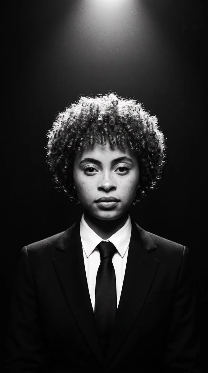 A high-contrast black and white studio portrait of a person in a formal suit. (4)