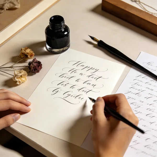 Overhead shot of a calligraphy pen, ink bottle, lettered paper, and dried flowers on a table.