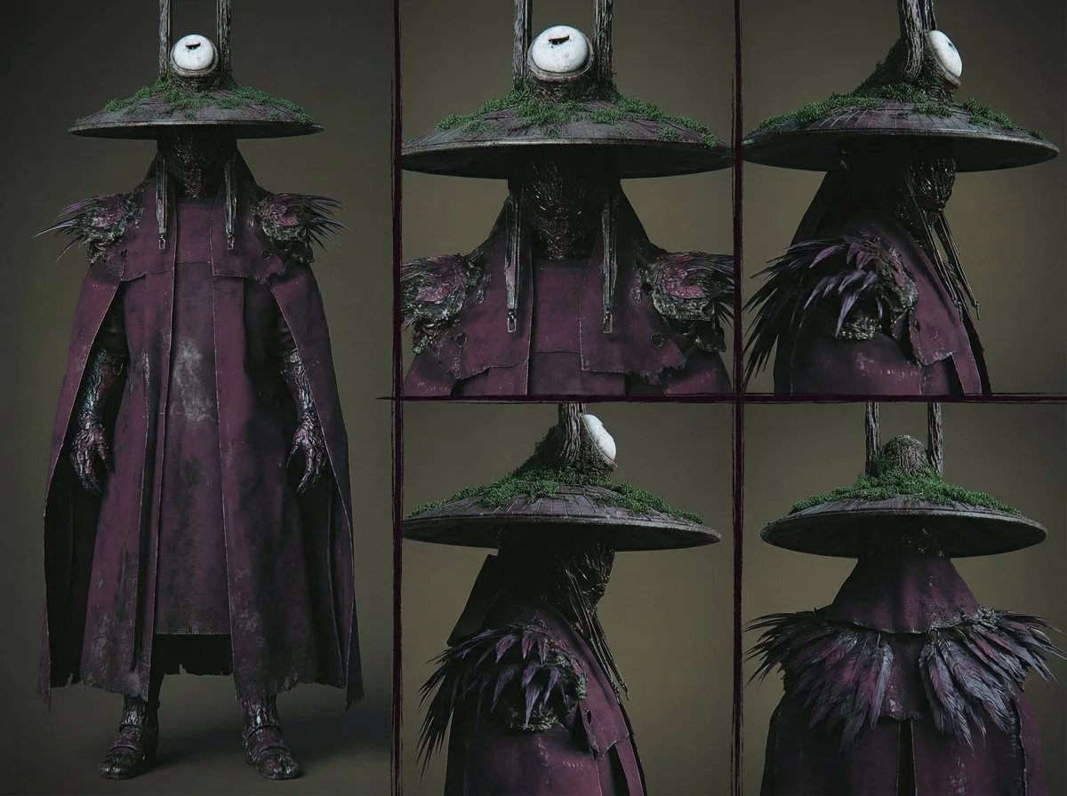 Character design sheet with full-body view and multiple angle close-ups