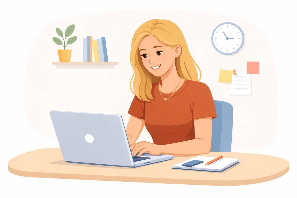 Flat vector illustration of a blonde woman working on a laptop at a desk.