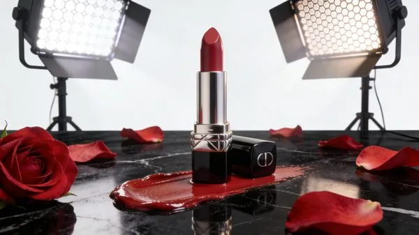 Luxury lipstick with rose petals on black marble