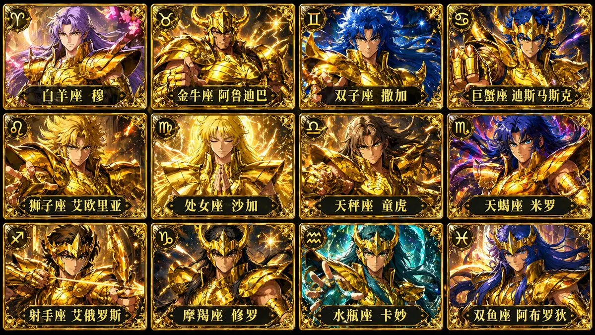 Twelve Gold Saints from Saint Seiya arranged in a grid of trading cards.