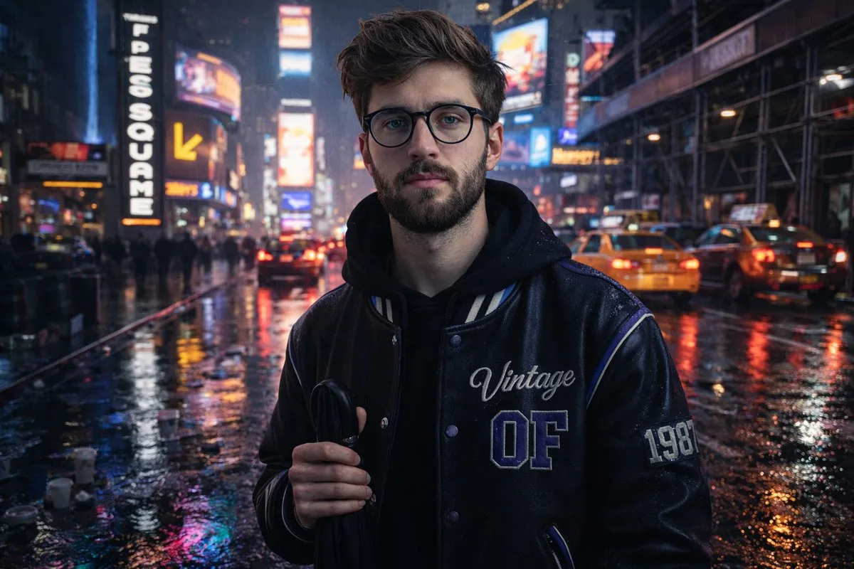 Person with an umbrella standing on a rainy, neon-lit Times Square street at night.