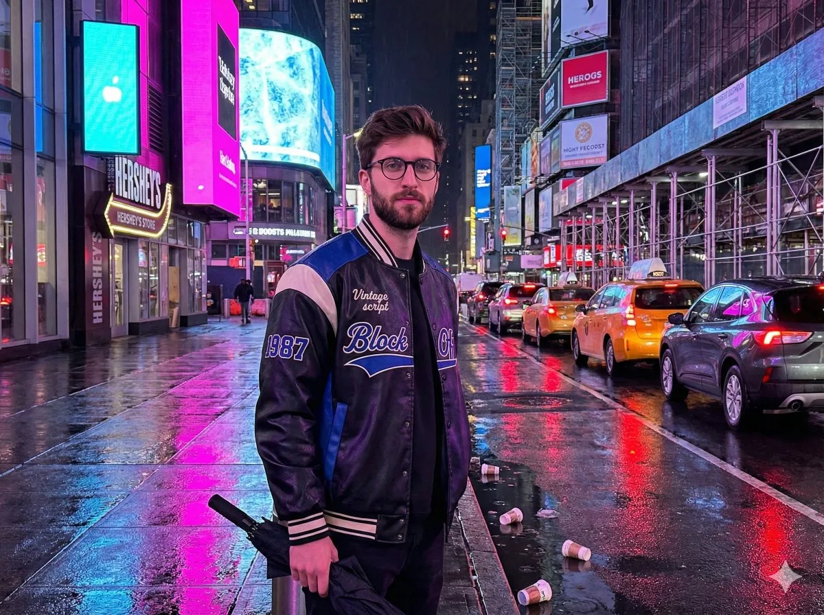 Person with an umbrella standing on a rainy, neon-lit Times Square street at night. (2)