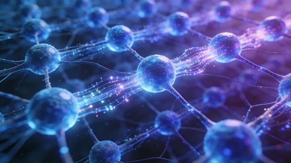 3D visualization of a glowing neural network with data streams
