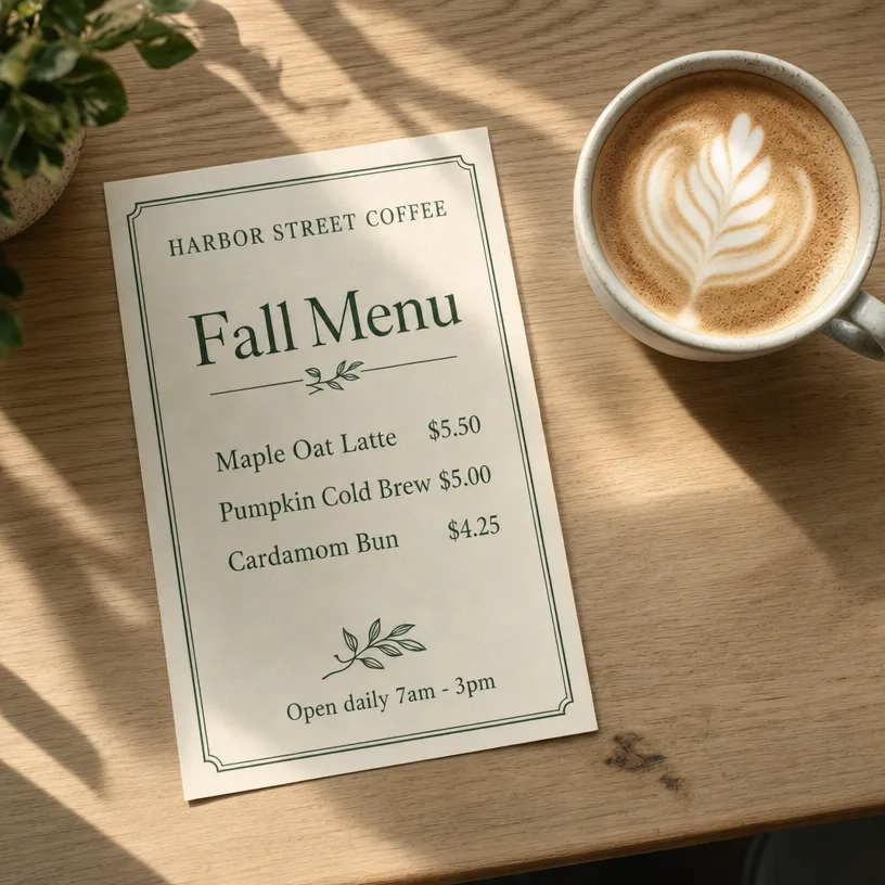 A fall seasonal coffee menu and a latte with rosetta art on a wooden table.
