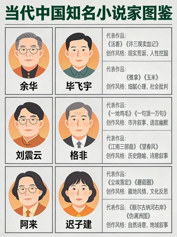 An infographic poster showcasing six contemporary Chinese novelists with portraits and book details.