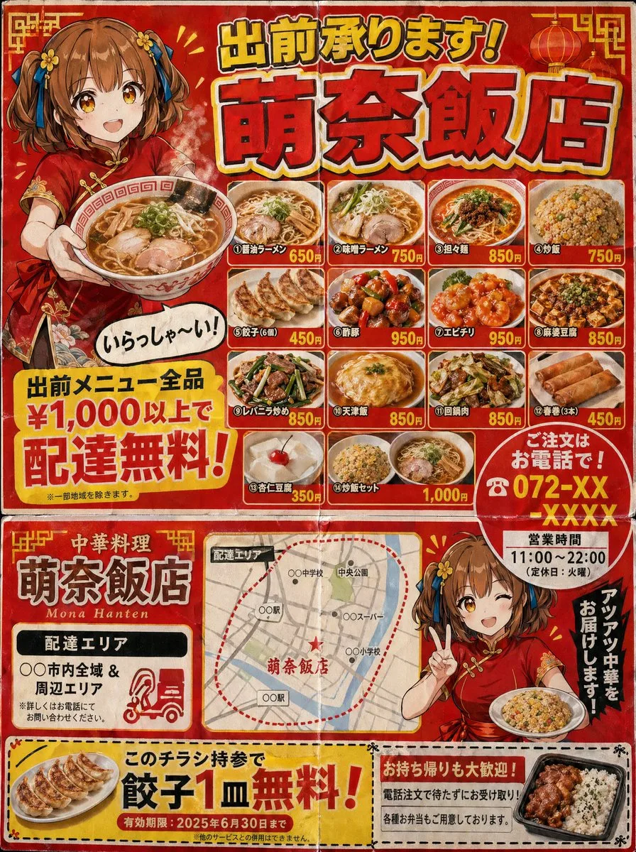 A colorful Japanese Chinese restaurant delivery flyer with food photos and a coupon.