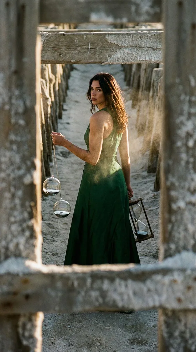 A person in a green gown walks away in a dusty salt trench carrying floating spheres. (2)