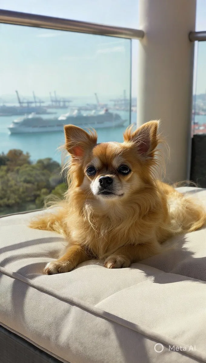 A long-haired chihuahua resting on a balcony cushion with a harbor view background.