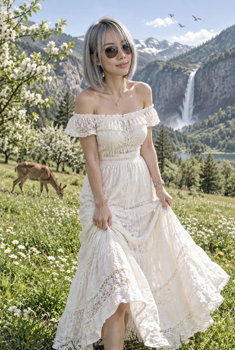 Woman with silver hair in a white lace dress standing in a sunny mountain valley.