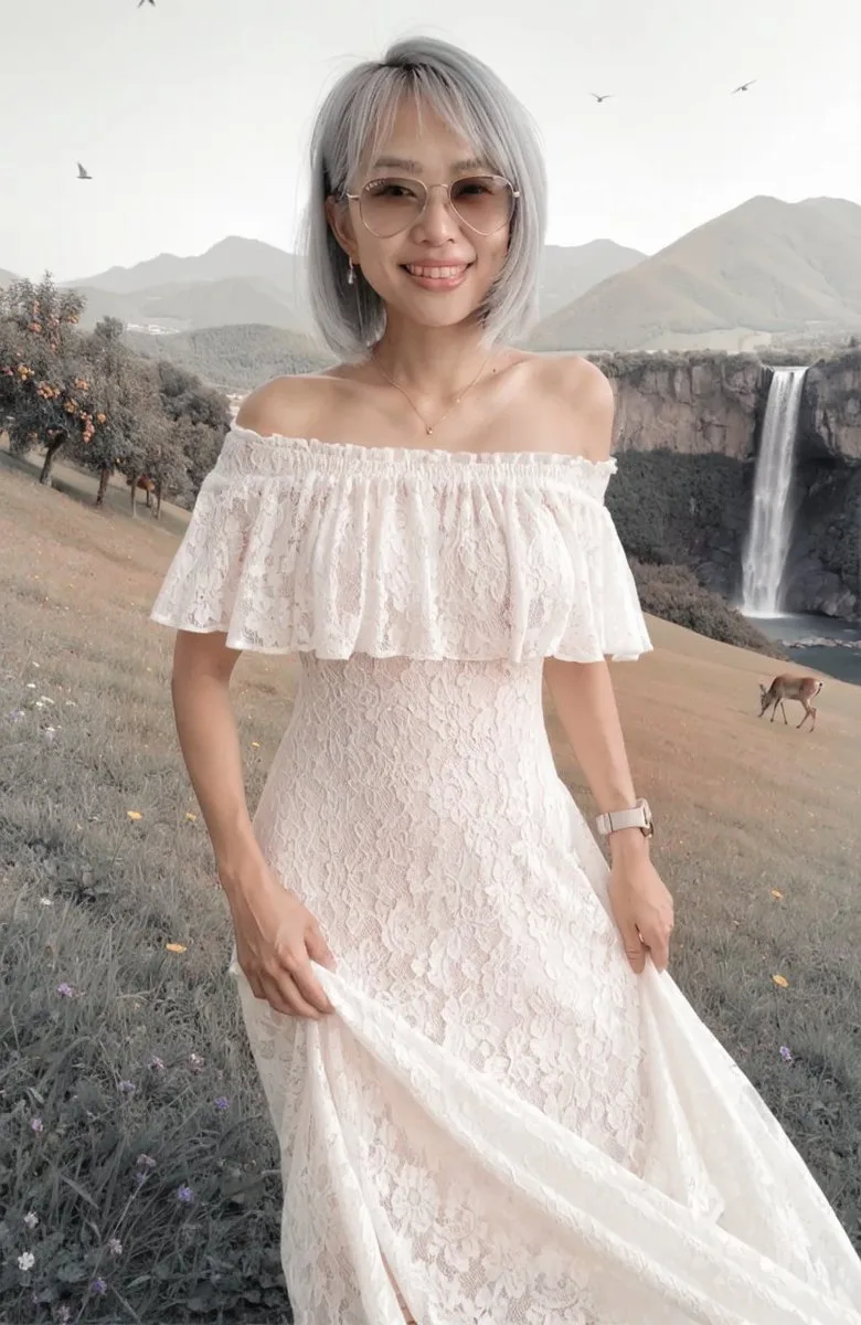 Woman with silver hair in a white lace dress standing in a sunny mountain valley. (2)