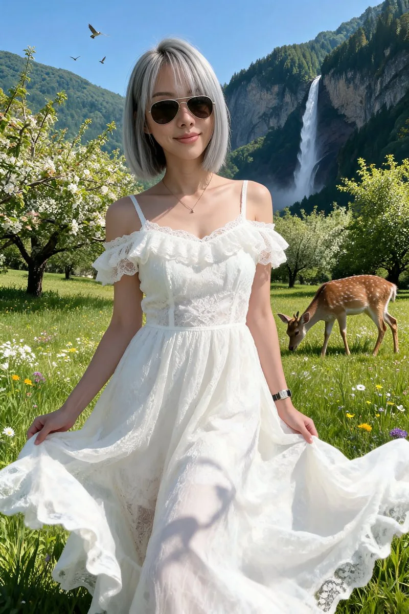 Woman with silver hair in a white lace dress standing in a sunny mountain valley. (3)