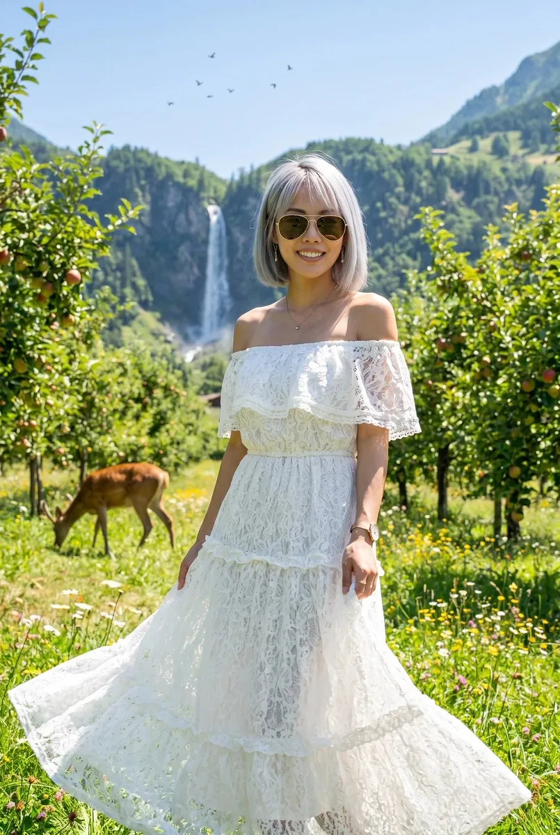 Woman with silver hair in a white lace dress standing in a sunny mountain valley. (4)