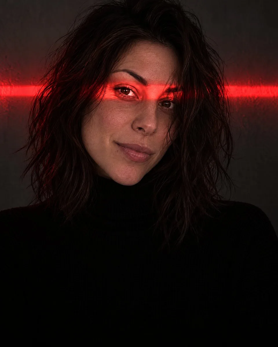Dramatic portrait of a person with an intense gaze illuminated by a red light band.