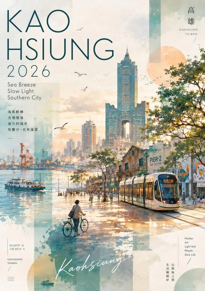 Watercolor travel poster of Kaohsiung skyline and waterfront at sunset.