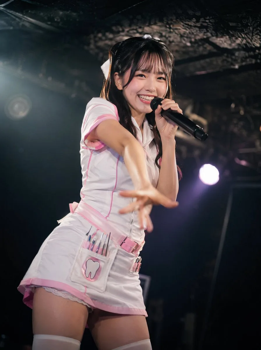 Japanese idol in a cute dental nurse costume performing on stage with a microphone (3)